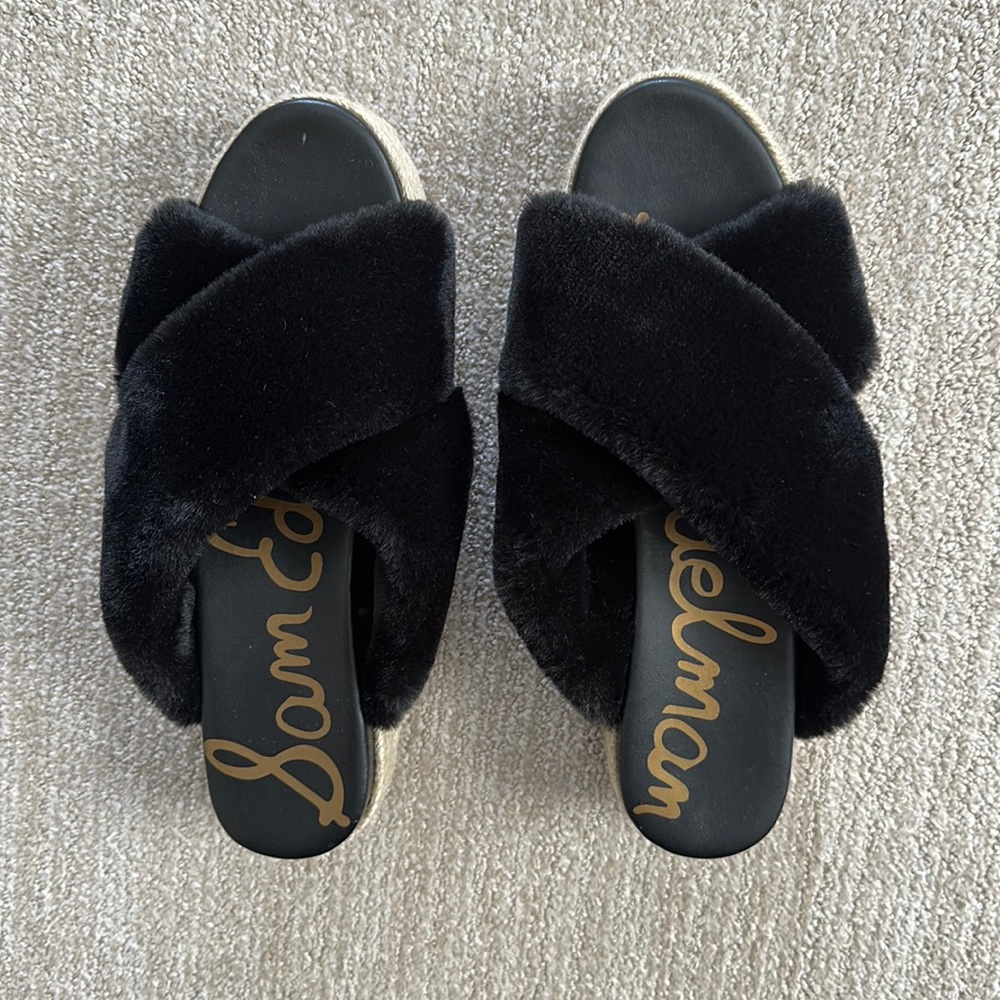 Faux fur crisscrossed straps, slipper-soft, espadrille-inspired platform sandal